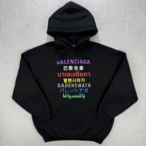 Balenciaga Hoodie Mens Medium M Black Seven Languages Popover Sweatshirt Sweater